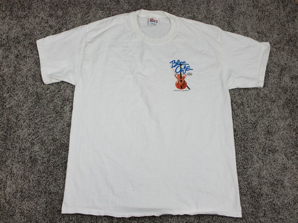 Hanes Blue Café Guitar Graphic T-Shirt Mens Large White Cotton Vintage